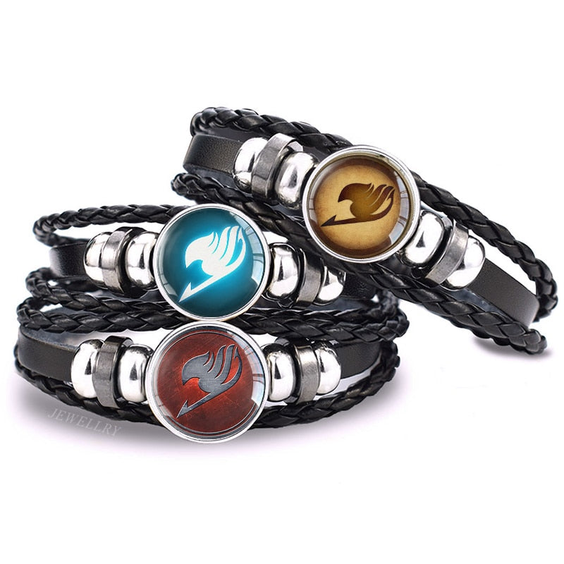 Fairy Tail Guild Logo Bracelet Black Leather Punk Bracelets Anime Glass Cabochon Jewelry Men Cosplay Lover Gift