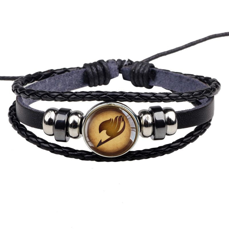 Fairy Tail Guild Logo Bracelet Black Leather Punk Bracelets Anime Glass Cabochon Jewelry Men Cosplay Lover Gift