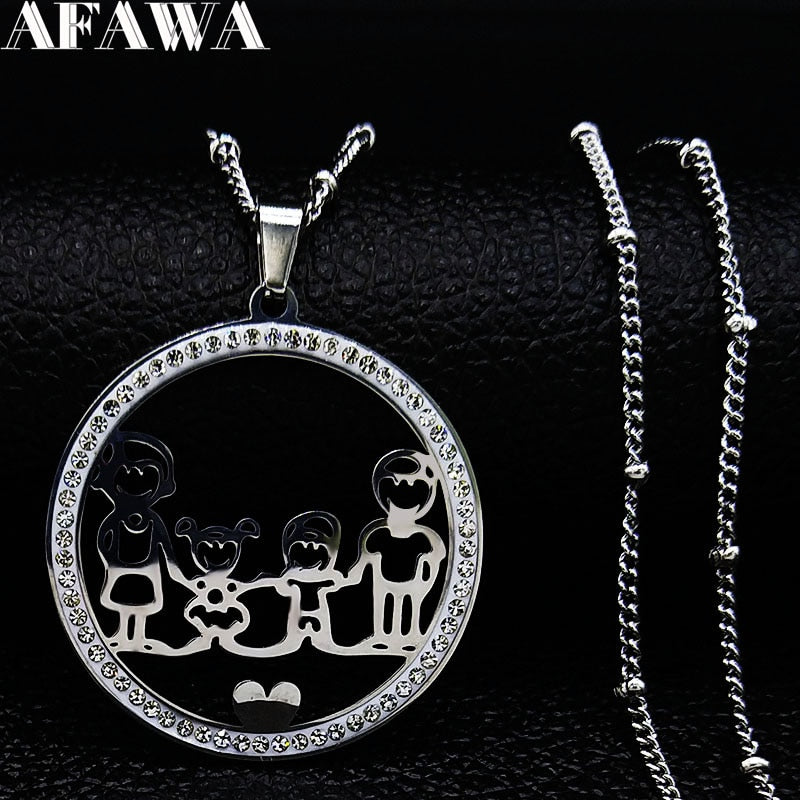 Family Boy Gril Stainless Steel Necklace for Women Silver Color Crystal Necklace Jewelry Collares Christmas Gift N03S01