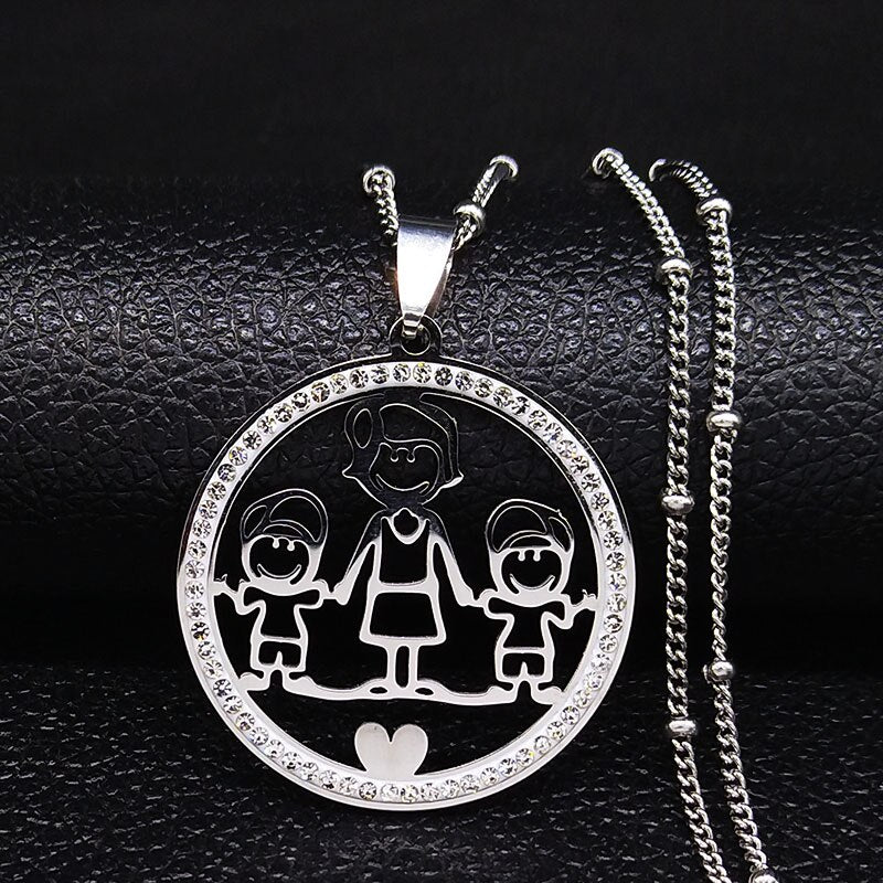 Family Boy Gril Stainless Steel Necklace for Women Silver Color Crystal Necklace Jewelry Collares Christmas Gift N03S01
