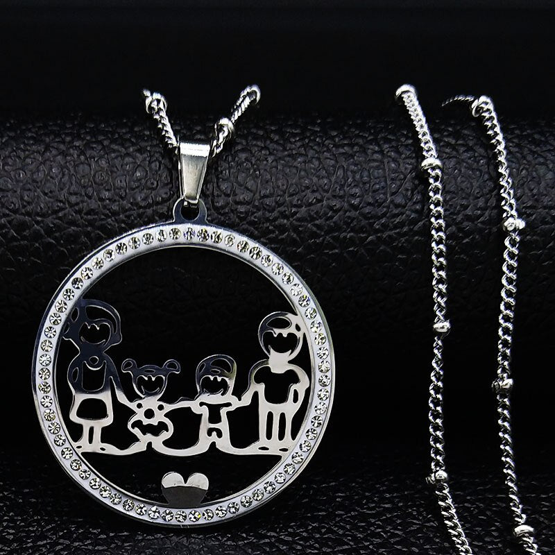 Family Boy Gril Stainless Steel Necklace for Women Silver Color Crystal Necklace Jewelry Collares Christmas Gift N03S01