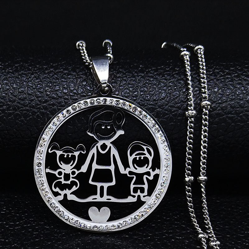 Family Boy Gril Stainless Steel Necklace for Women Silver Color Crystal Necklace Jewelry Collares Christmas Gift N03S01