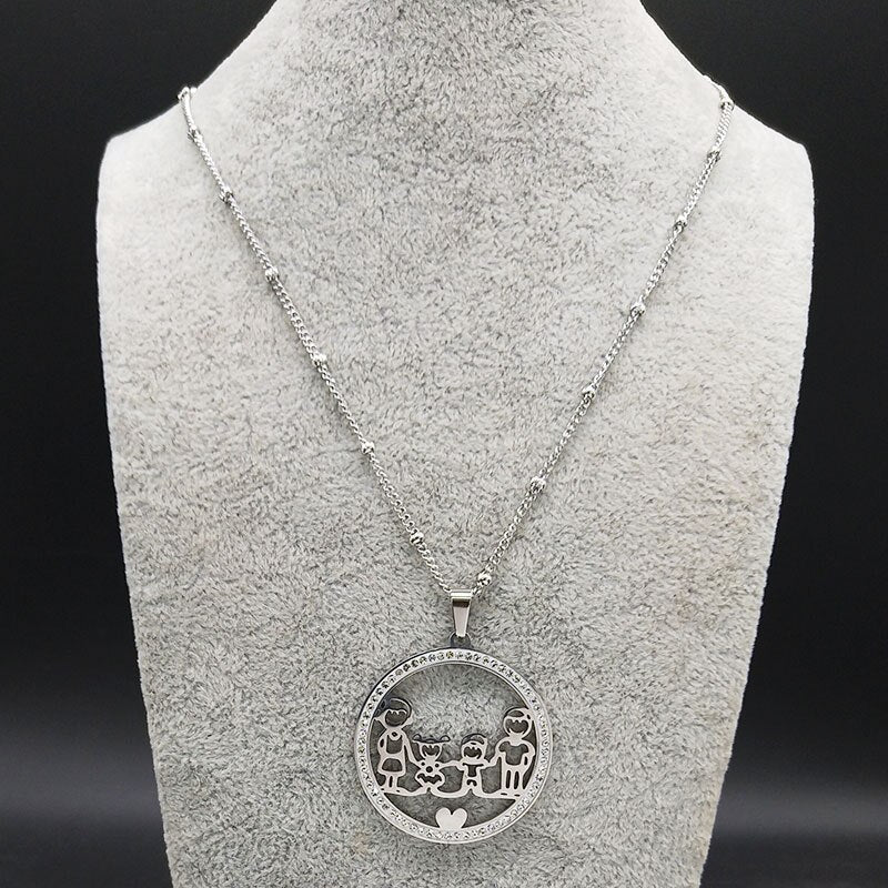 Family Boy Gril Stainless Steel Necklace for Women Silver Color Crystal Necklace Jewelry Collares Christmas Gift N03S01