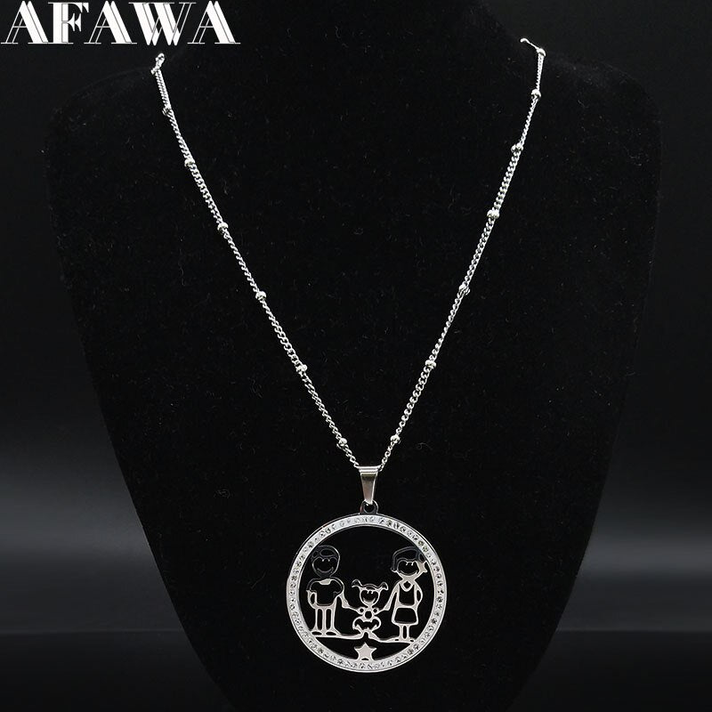 Family Boy Gril Stainless Steel Necklace for Women Silver Color Crystal Necklace Jewelry Collares Christmas Gift N03S01