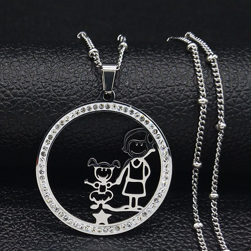 Family Boy Gril Stainless Steel Necklace for Women Silver Color Crystal Necklace Jewelry Collares Christmas Gift N03S01