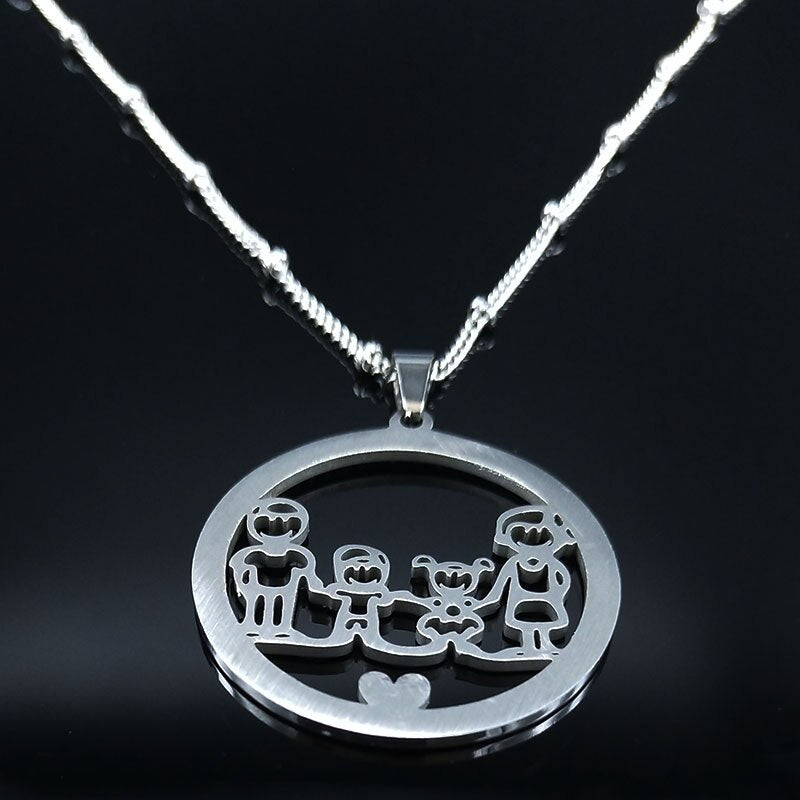 Family Boy Gril Stainless Steel Necklace for Women Silver Color Crystal Necklace Jewelry Collares Christmas Gift N03S01