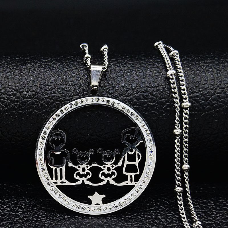 Family Boy Gril Stainless Steel Necklace for Women Silver Color Crystal Necklace Jewelry Collares Christmas Gift N03S01