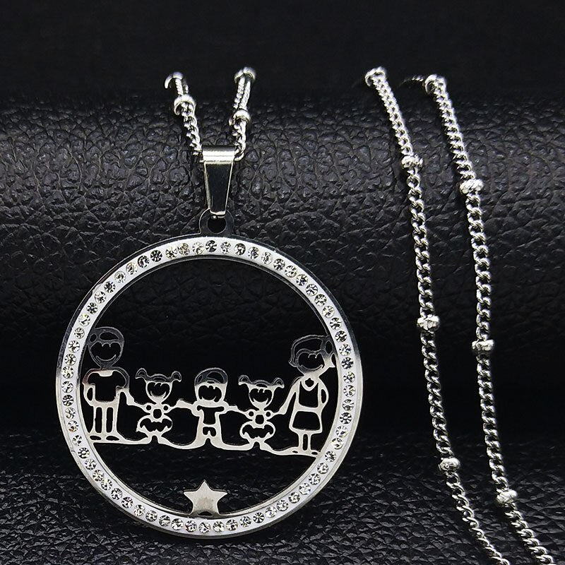 Family Boy Gril Stainless Steel Necklace for Women Silver Color Crystal Necklace Jewelry Collares Christmas Gift N03S01