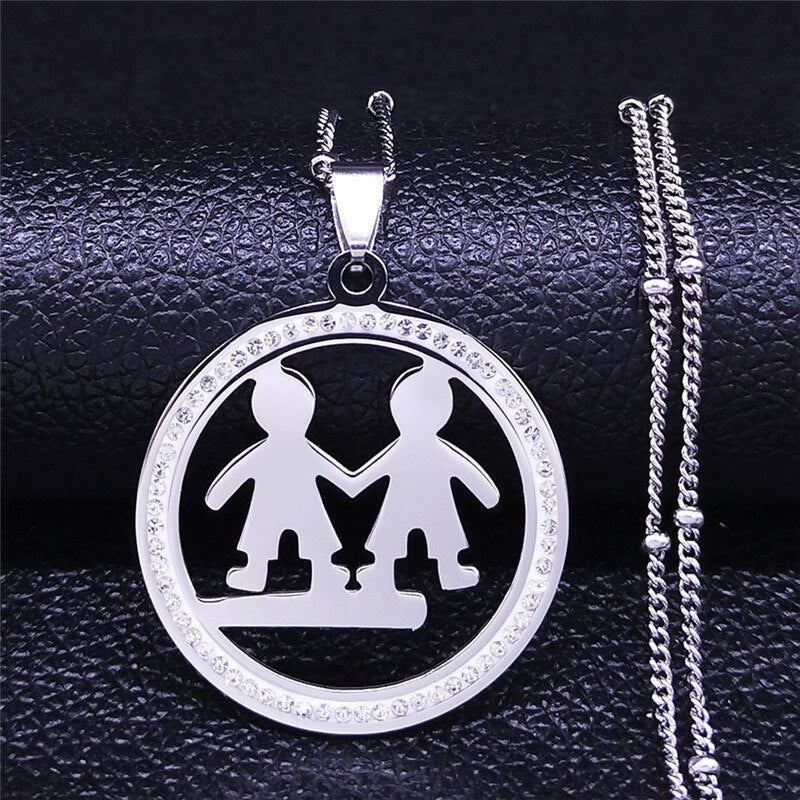 Family Boy Gril Stainless Steel Necklace for Women Silver Color Crystal Necklace Jewelry Collares Christmas Gift N03S01