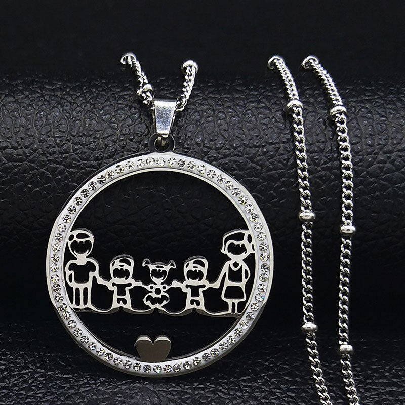 Family Boy Gril Stainless Steel Necklace for Women Silver Color Crystal Necklace Jewelry Collares Christmas Gift N03S01