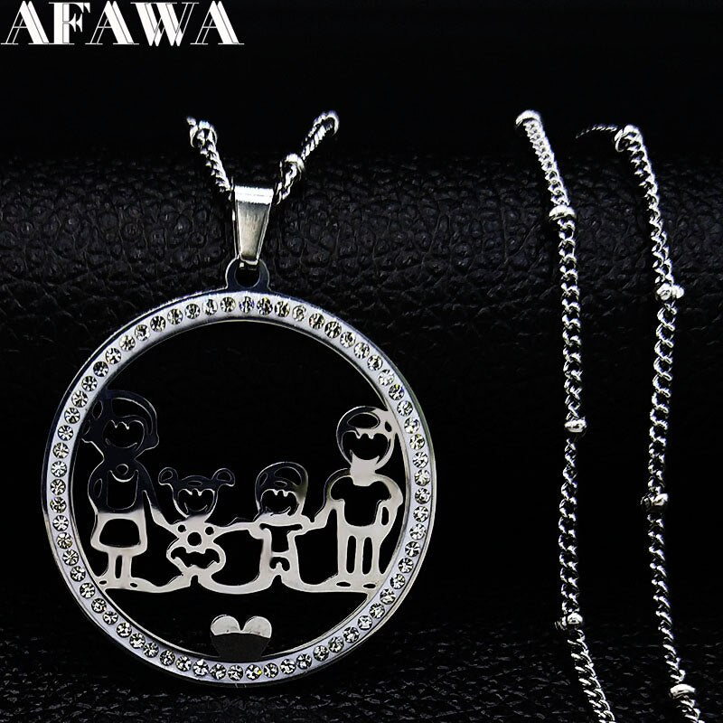 Family Boy Gril Stainless Steel Necklace for Women Silver Color Crystal Necklace Jewelry Collares Christmas Gift N03S01