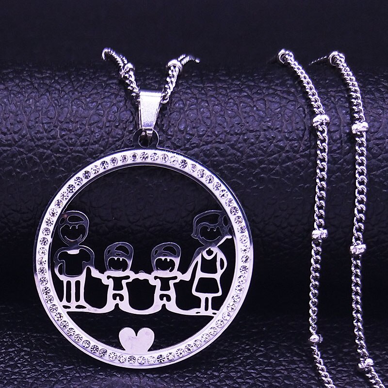 Family Boy Gril Stainless Steel Necklace for Women Silver Color Crystal Necklace Jewelry Collares Christmas Gift N03S01
