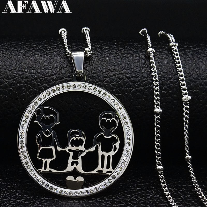 Family Boy Gril Stainless Steel Necklace for Women Silver Color Crystal Necklace Jewelry Collares Christmas Gift N03S01