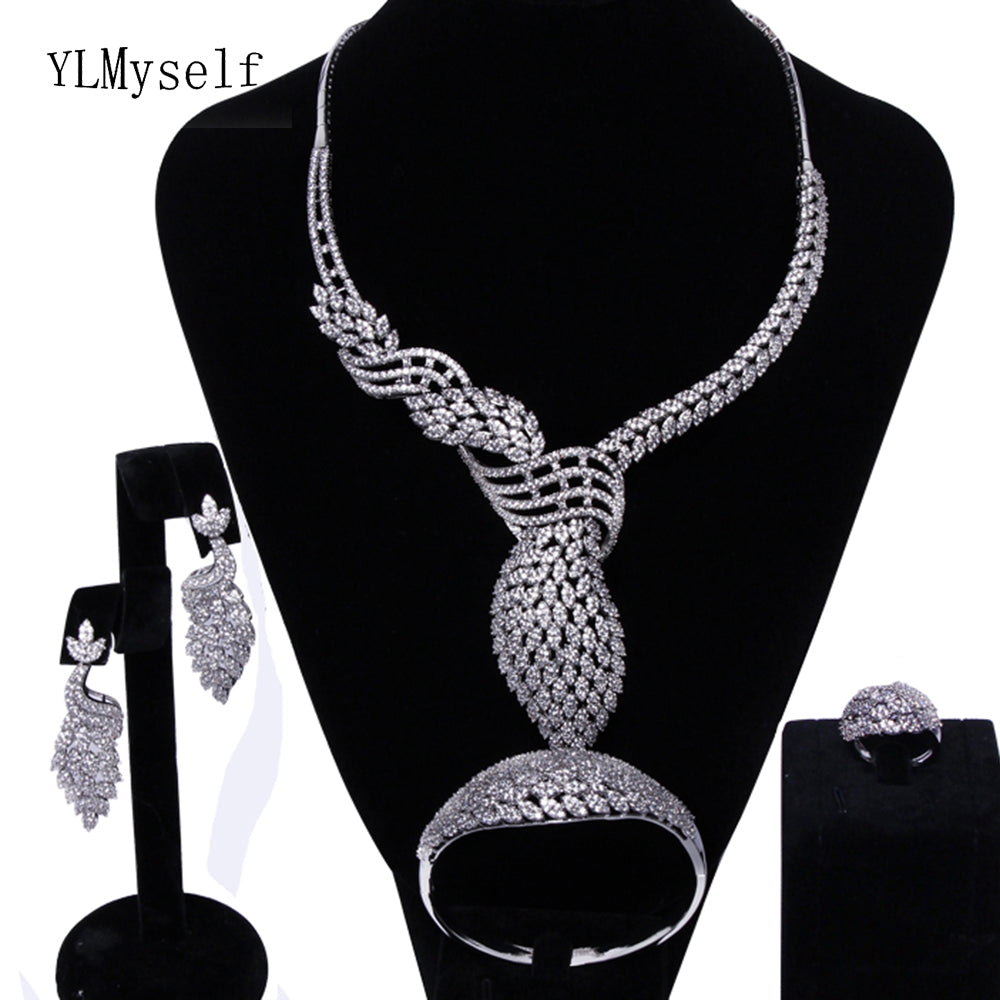 Fantastic-Luxury-wedding-party-4pcs-sets-white-crystal-Necklace-Bracelet-earrings-ring-big-jewelry-set-for