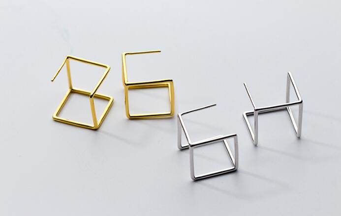 Fashion 100% Real. 925 Sterling Silver Fine Jewelry Geometric Hollow 3D Square Stud earrings GTLE1735
