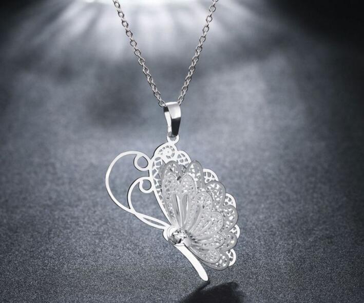 Fashion 3 Layer 3D Crystal Rhinestone Silver Plated Butterfly Wing Necklaces Long Chain Sweater Pendants Collars 925 Jewelry