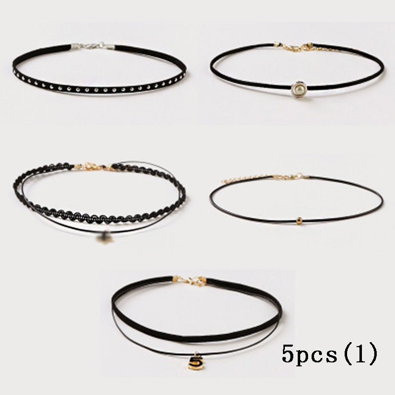 Fashion 5pcs Girls Multi-layer Lace Black Choker Necklace Kid Stretch Velvet Classic Gothic Tattoo Lace Choker Children Necklace