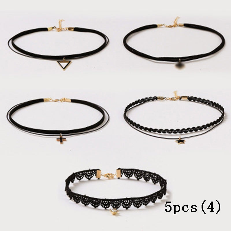 Fashion 5pcs Girls Multi-layer Lace Black Choker Necklace Kid Stretch