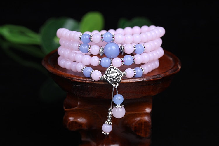 Fashion 6mm Pink Chalcedony Beads Tibetan Buddhist 108 Prayer Beads Bracelet Gourd Mala Prayer Bracelets For Meditation