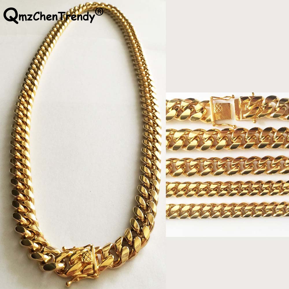 Fashion 8/10/12/14mm Heavy Miami Cuban Chains For Men Hop Necklaces Gold Thick dragon Lock Clasp Chunky Jewelry 18~36inch