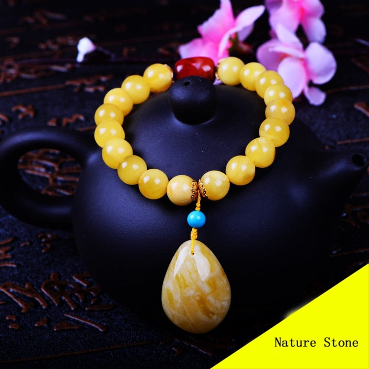 Fashion 8mm Nature Yellow Beeswax Bracelet Women Gift Jewelry Single String Bracelet ML012