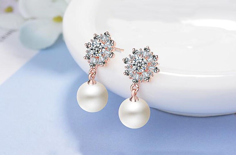 Fashion 925 Silver White CZ Cute Snowflake Pearl Stud Earrings for Girls Women Rose Gold Wedding Party Earrings Jewelry ED459