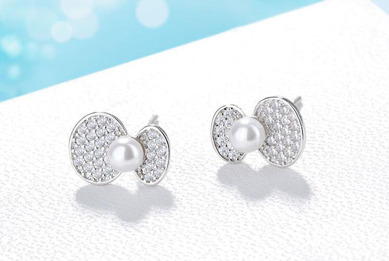 Fashion 925 Silver Women Shiny Zircon Pearl Cute Bowknot Small Stud Earrings For Girl Lady Rose Gold Earring Gift Jewelry ED420