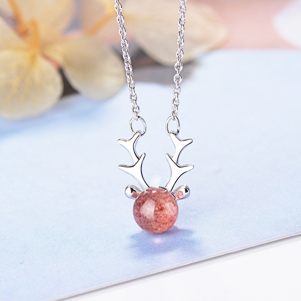 925 Stamp Silver Color Antlers Strawberry Crystal Pendants And Necklaces For Women Wedding Party Girl Jewelry 2022 Gift
