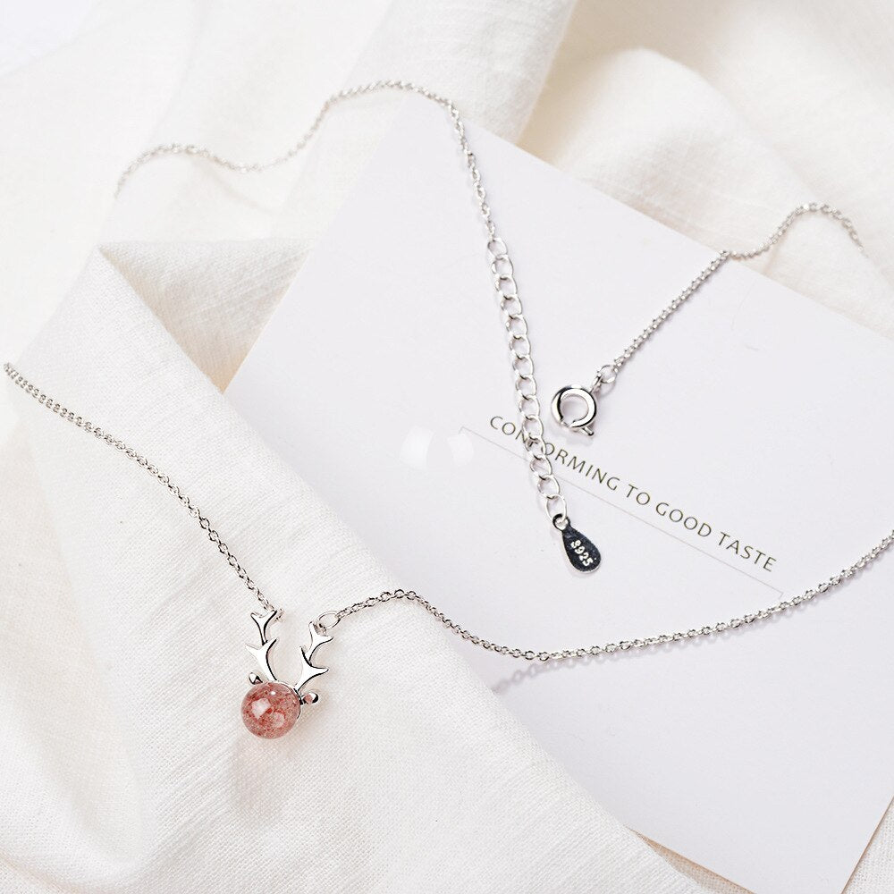 925 Stamp Silver Color Antlers Strawberry Crystal Pendants And Necklaces For Women Wedding Party Girl Jewelry 2022 Gift
