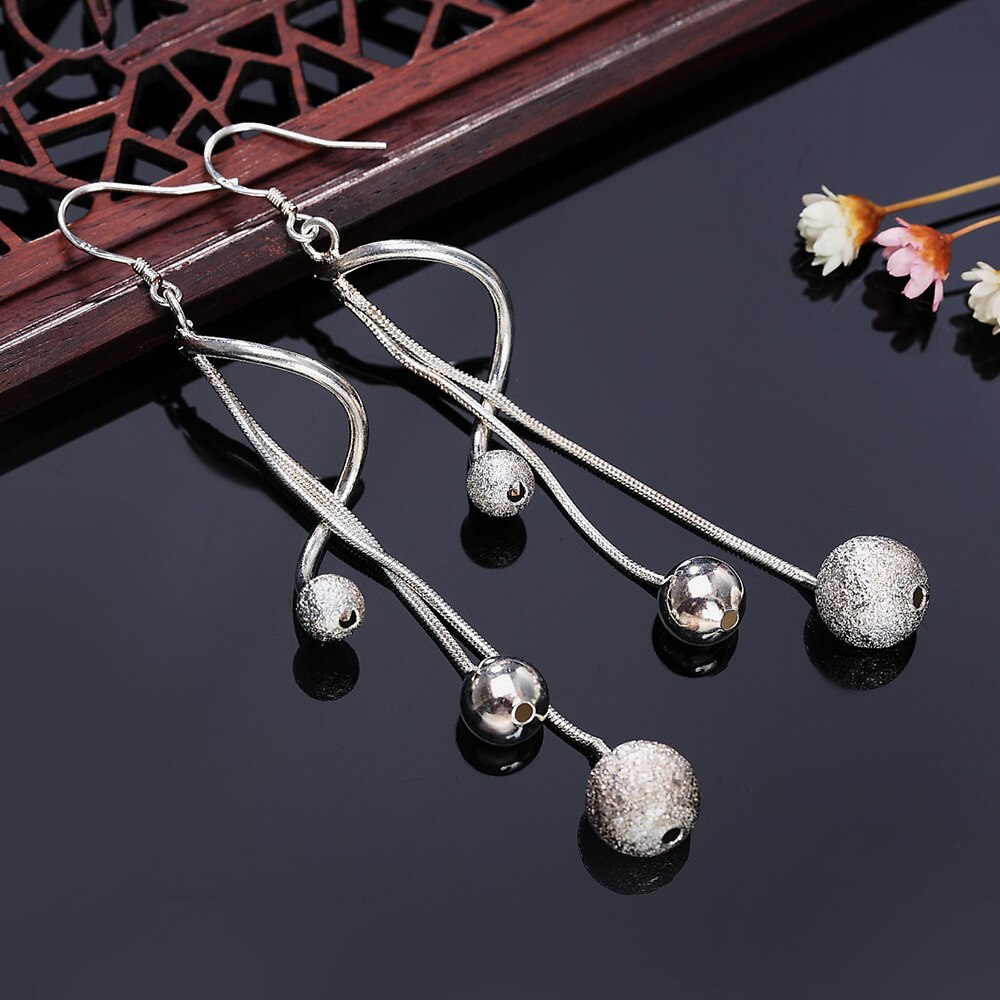 925 Stamp Silver Color Balls Long Hanging Earrings Tassel Drop Dangle Earring For Women Accessories Jewelry Christmas