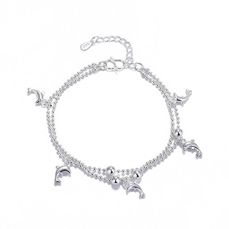 925 Stamp Silver Color Bracelet Couple Birthday Style Link Double Layer Dolphins Womens Chain Bangle Jewelry Christmas