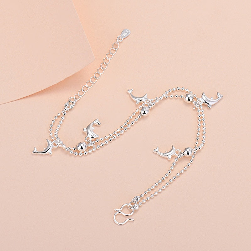 925 Stamp Silver Color Bracelet Couple Birthday Style Link Double Layer Dolphins Womens Chain Bangle Jewelry Christmas