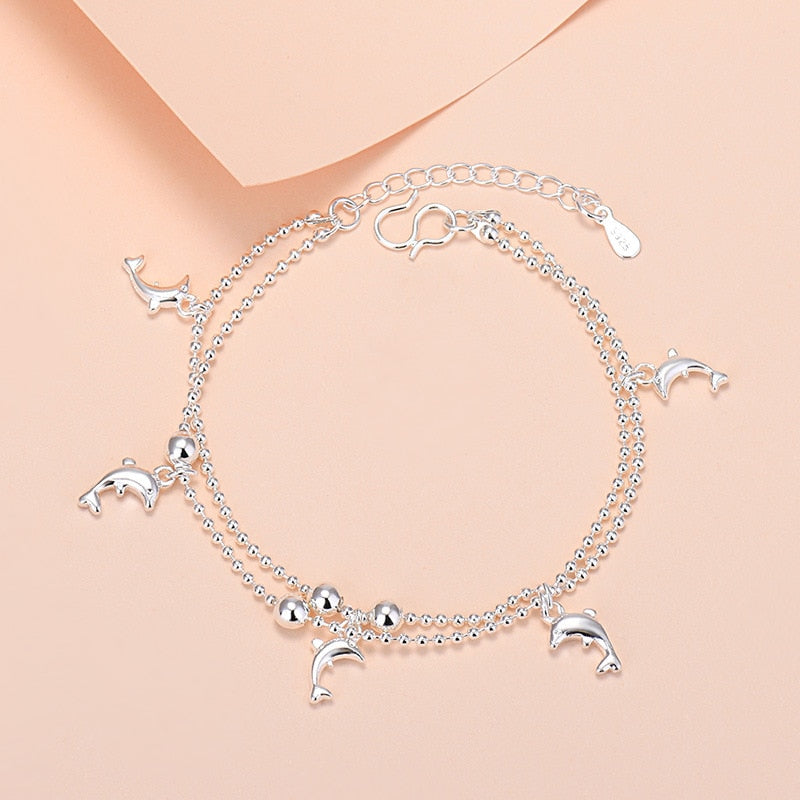 925 Stamp Silver Color Bracelet Couple Birthday Style Link Double Layer Dolphins Womens Chain Bangle Jewelry Christmas