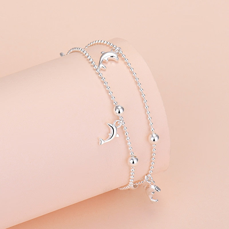 925 Stamp Silver Color Bracelet Couple Birthday Style Link Double Layer Dolphins Womens Chain Bangle Jewelry Christmas