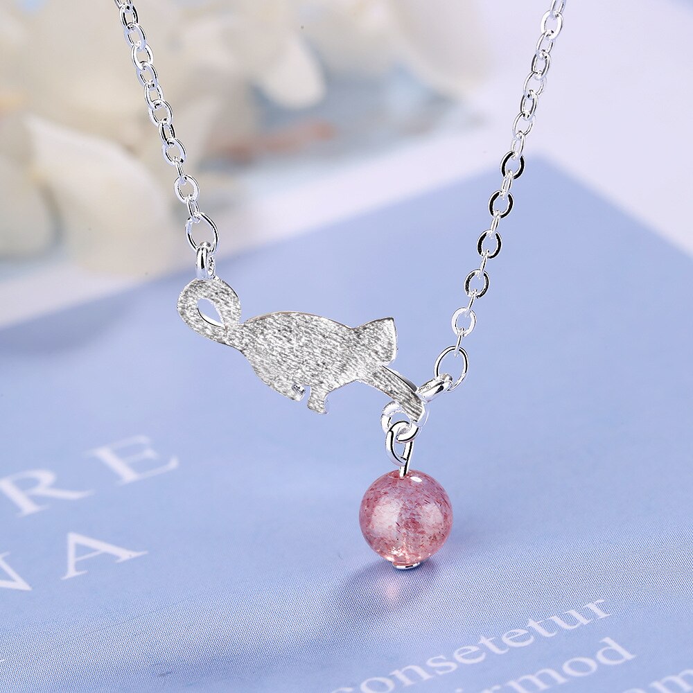 925 Stamp Silver Color Cat Strawberry Crystal Pendants And Necklaces For Women Wedding Party Jewelry 2022 Jewelry Gift