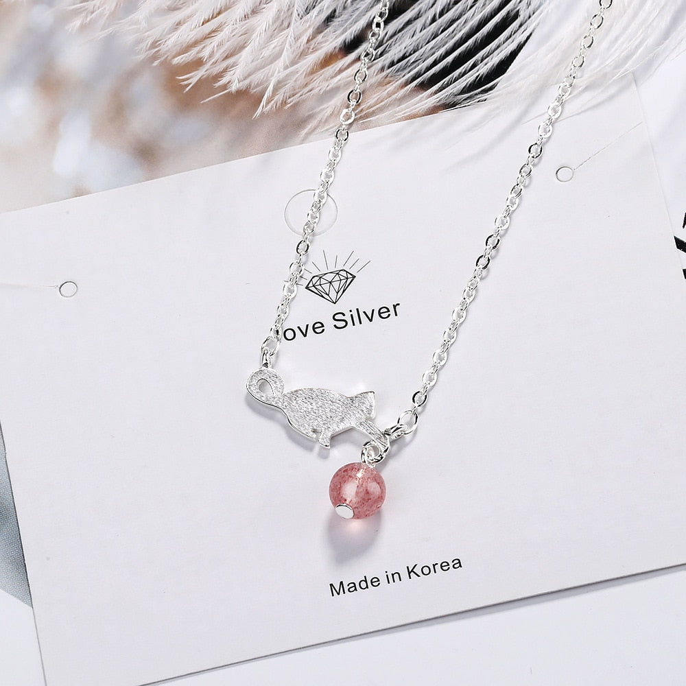 925 Stamp Silver Color Cat Strawberry Crystal Pendants And Necklaces For Women Wedding Party Jewelry 2022 Jewelry Gift