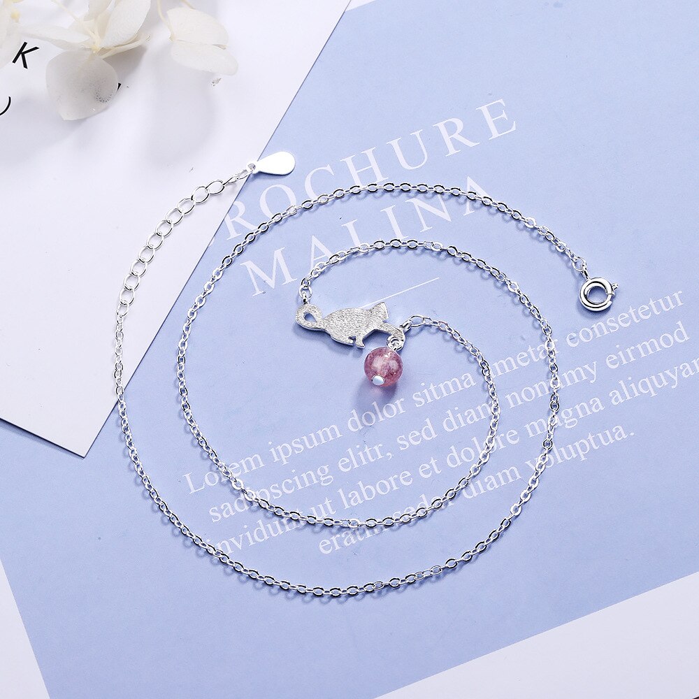 925 Stamp Silver Color Cat Strawberry Crystal Pendants And Necklaces For Women Wedding Party Jewelry 2022 Jewelry Gift