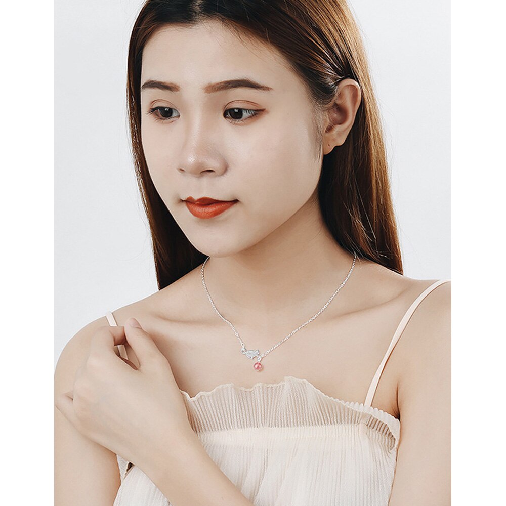 925 Stamp Silver Color Cat Strawberry Crystal Pendants And Necklaces For Women Wedding Party Jewelry 2022 Jewelry Gift