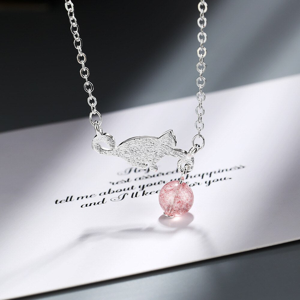 925 Stamp Silver Color Cat Strawberry Crystal Pendants And Necklaces For Women Wedding Party Jewelry 2022 Jewelry Gift