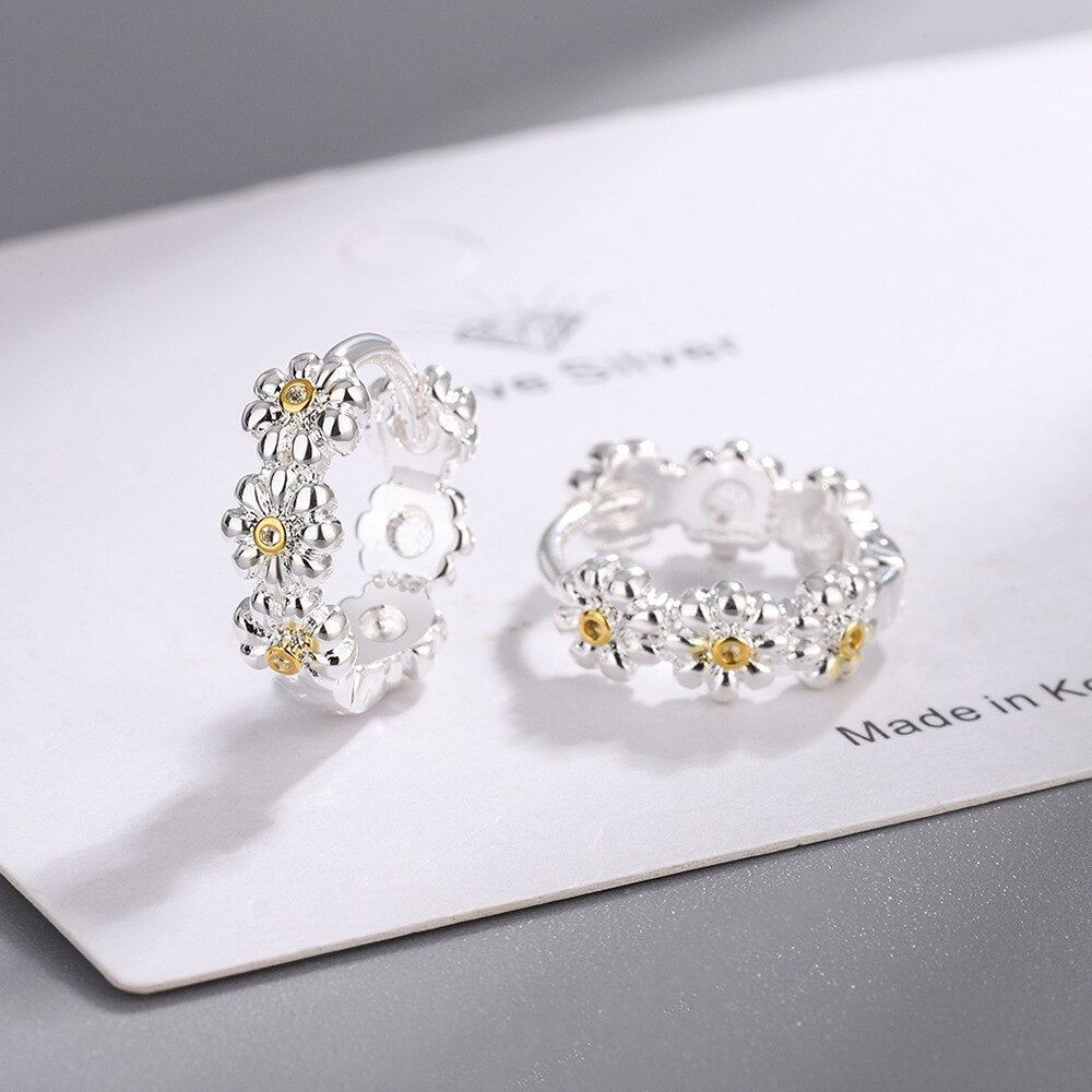 925 Stamp Silver Color Earrings For Women Gold Flower Ring Earrings 2022 Christmas Vintage Korean  Fine Jewelry