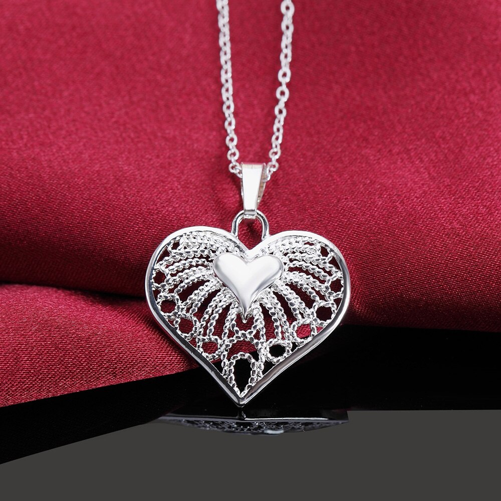 925 Stamp Silver Color Female Heart Hollow Pendants And Necklaces For Women Wedding Retro  Jewelry 2022 GaaBou