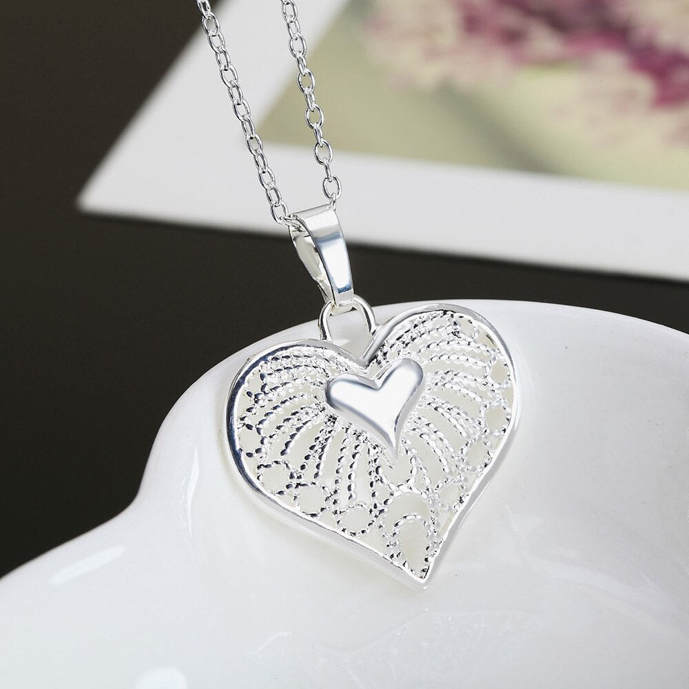 925 Stamp Silver Color Female Heart Hollow Pendants And Necklaces For Women Wedding Retro  Jewelry 2022 GaaBou