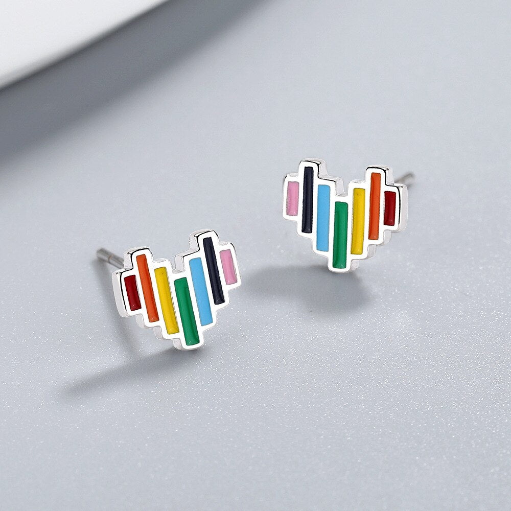 925 Stamp Silver Color Jewelry Heart Rainbow Earrings For Women Korean Simple Vintage Girl Wedding Christmas Gift