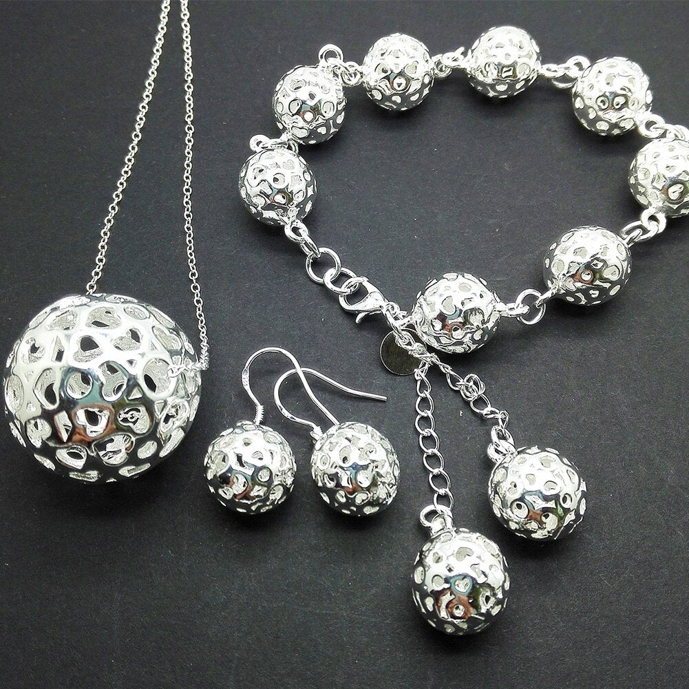 925 Stamp Silver Color Jewelry Set Hollow Ball Earrings Bracelet Necklace Jewelry For Women 2022 Wedding Bridal