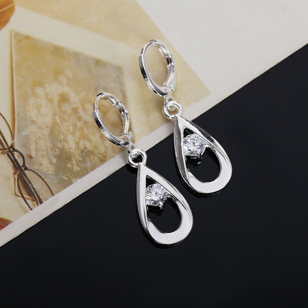 925 Stamp Silver Color Water Drop Zircon Rings Earrings Dangle For Women Trends Party Retro Christmas Jewelry GaaBou