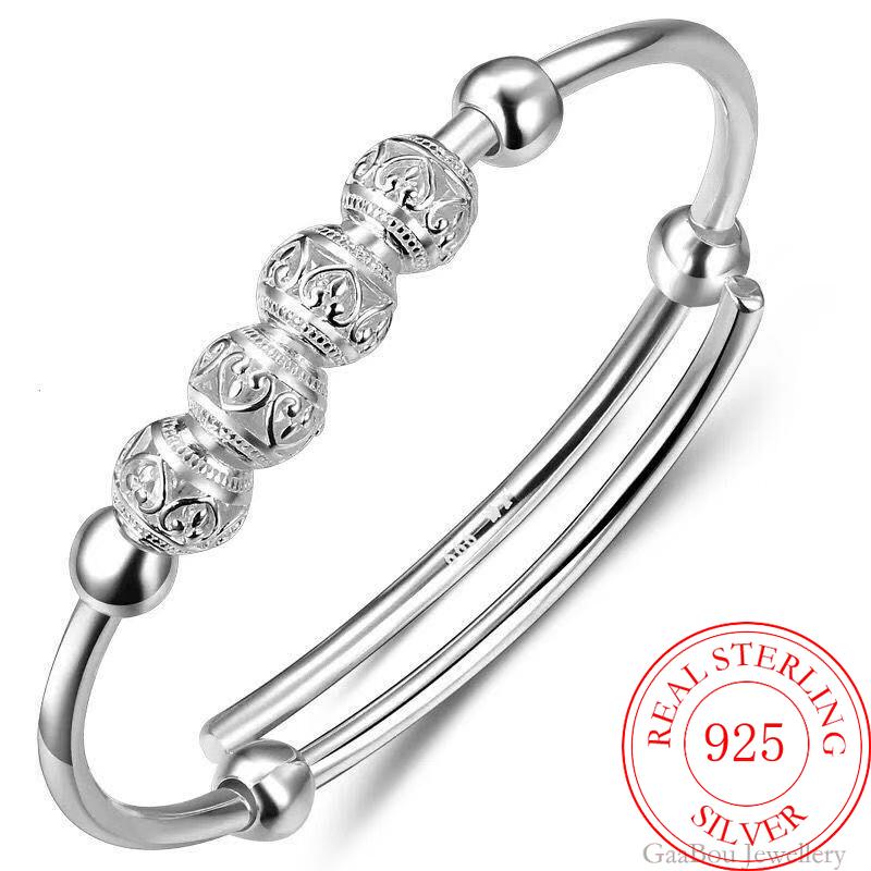 925 Stamp Silver Color Woman Charm Cuff Bracelet Four Beaded Boho Adjustable Bangle Girls Party Jewelry Christmas Gifts