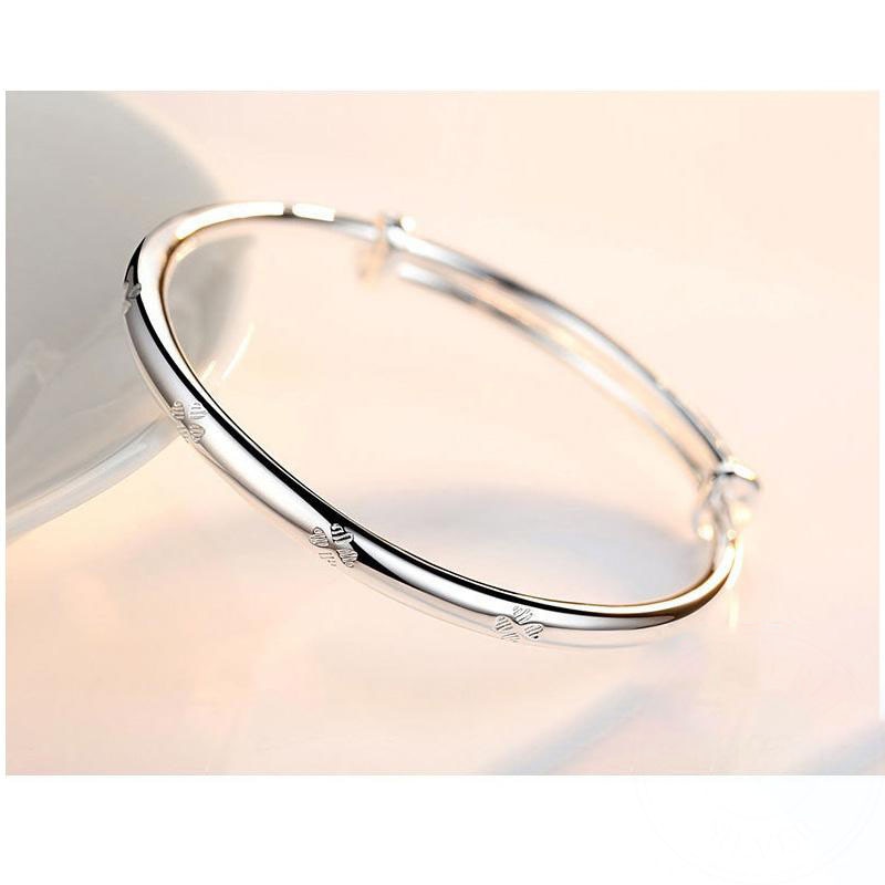 925 Stamp Silver Color Woman Charm Cuff Bracelet Smoth Four Leaf Clover Adjustable Bangle Party Jewelry Gifts Christmas