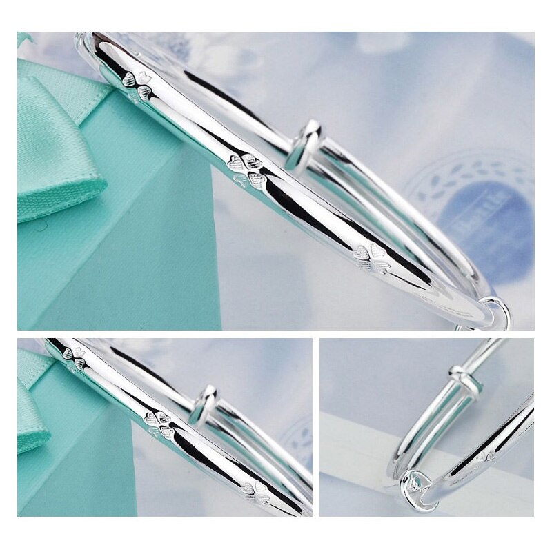 925 Stamp Silver Color Woman Charm Cuff Bracelet Smoth Four Leaf Clover Adjustable Bangle Party Jewelry Gifts Christmas