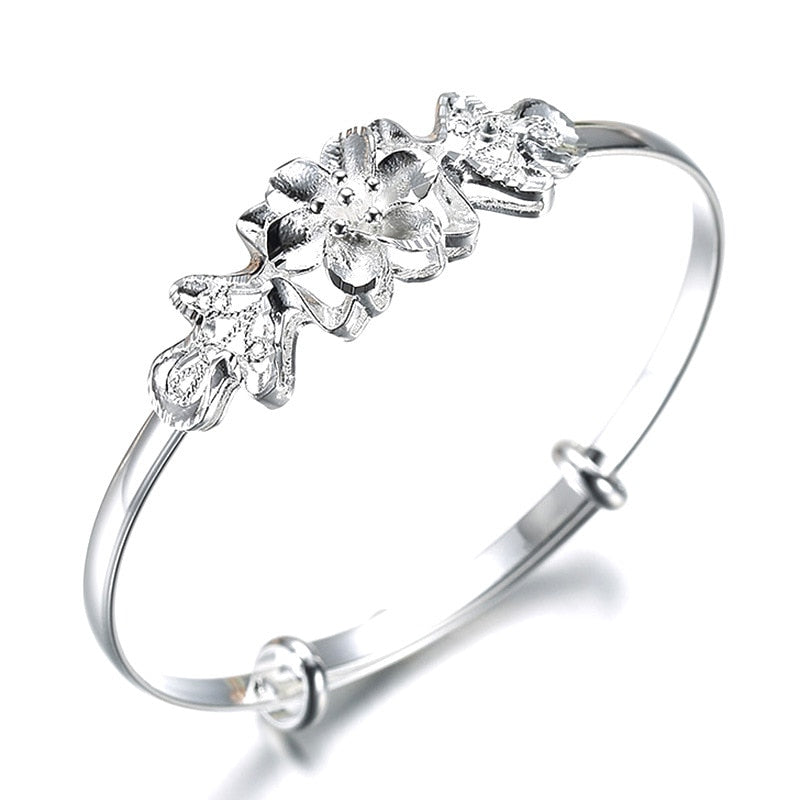 925 Stamp Silver Color Woman Cuff Bracelet Adjustable Flower Lucky Bangle Retro Bridesmaid Jewelry Charm Gifts Christmas