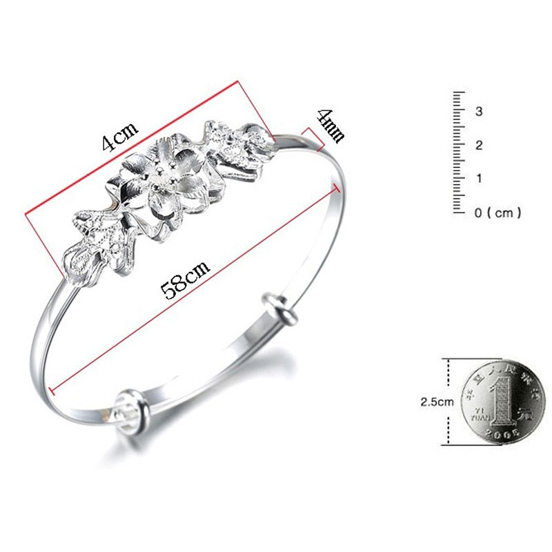 925 Stamp Silver Color Woman Cuff Bracelet Adjustable Flower Lucky Bangle Retro Bridesmaid Jewelry Charm Gifts Christmas